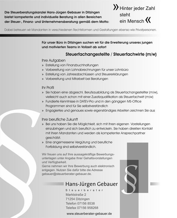 Zum pdf Stellenangebot Steuerfachangestellte / Steuerfachwirte (m/w)